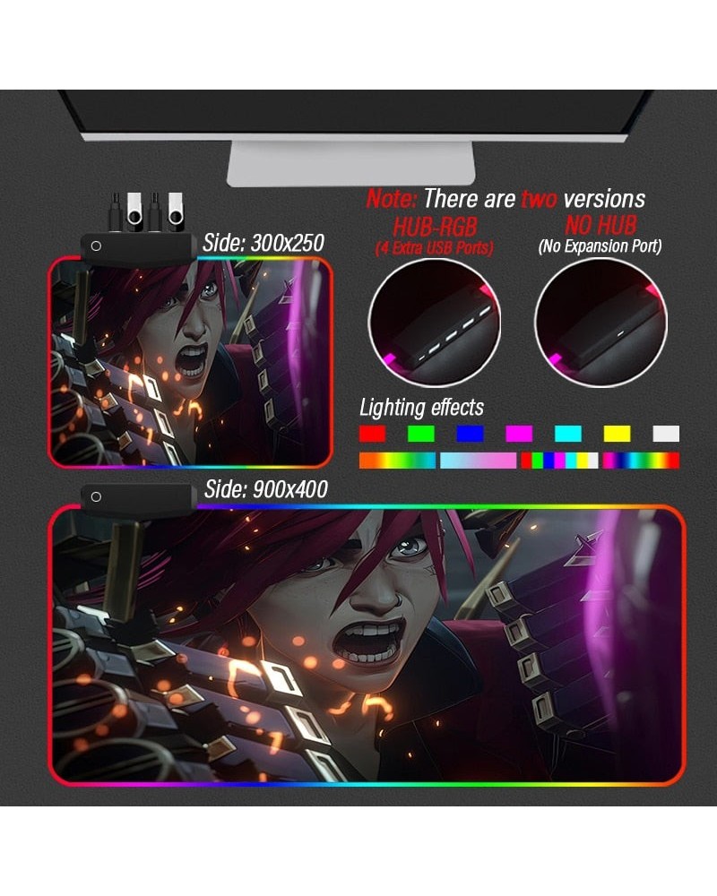 League of Legends Jinx Arcane Collection 2 Super Soft LED Backlit Gaming Mouse Pad HUB PC 4 in 1 USB LOL Desk Mat RGB Carpet ...